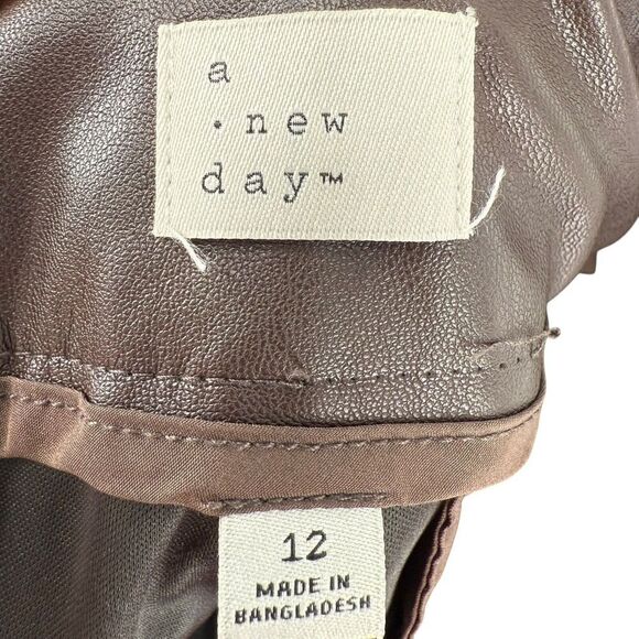 Chocolate Brown Faux Leather Pants Straight Leg Pleated High Rise 12 A New Day - Picture 9 of 11